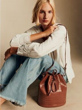 Sezane Farrow Bag - Camel Croco Print - Brown Crocodile Drawstring Bucket Bag